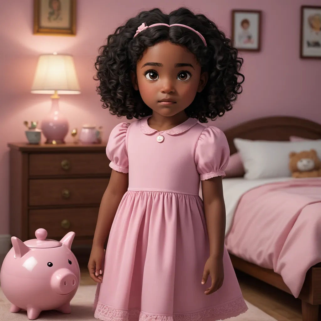 a little girl in a pink dress standing next to a pink piggy bank in a pink bedroom with a pink wall, photorealism, a character portrait, disney, pixar and disney animation