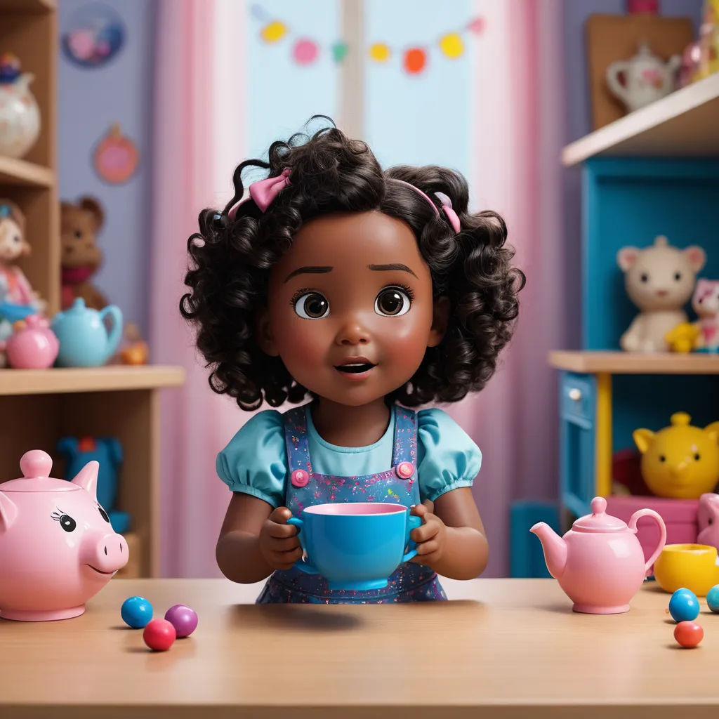 a doll is sitting at a table with a tea set and a tea pot and a pig toy in the background, photorealism, a stock photo, disney, promotional image