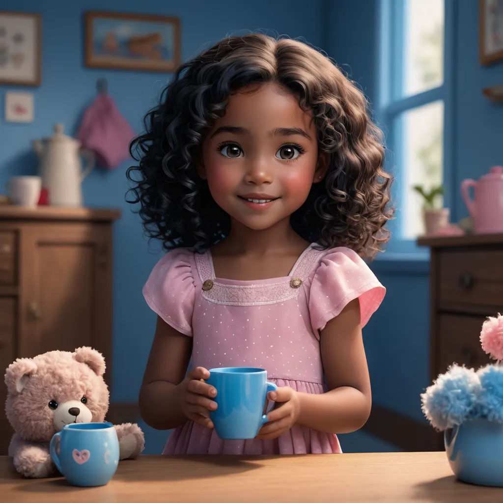 a little girl holding a cup and a teddy bear sitting at a table with a teddy bear and a teddy bear, photorealism, a stock photo, Dorothy Coke, pixar and disney animation