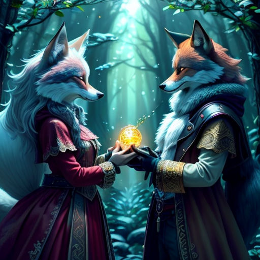 a couple of foxes standing next to each other in a forest with a ball in their hands and a forest background