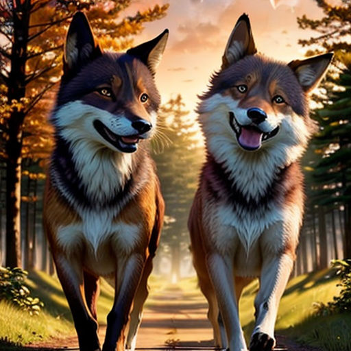 two dogs are walking down a path in the woods together, with the sun shining through the trees behind them