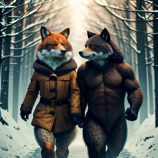 two foxes are walking in the snow together, one is wearing a coat and the other is wearing a coat