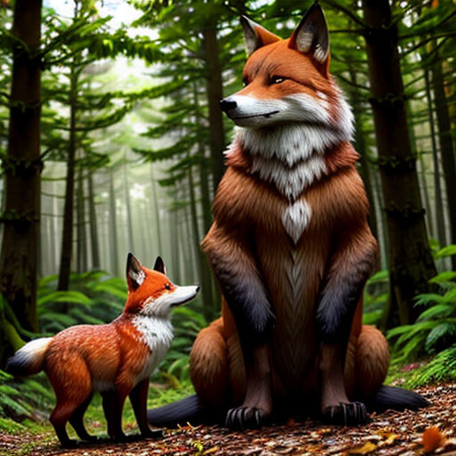 a fox and a fox cub in a forest with trees and leaves on the ground and a forest floor