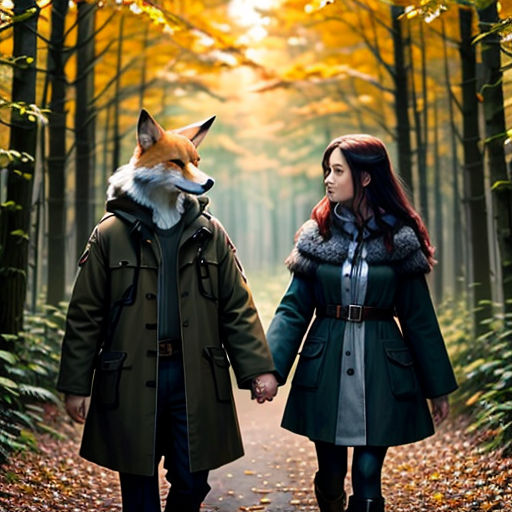 a couple walking down a path holding hands with a fox on the back of them, in the woods