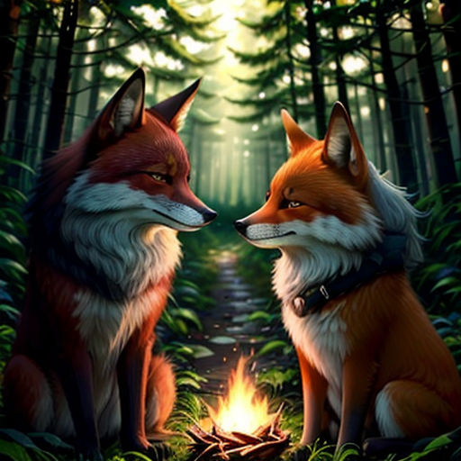 two foxes sitting next to each other in the woods with a fire in the middle of the forest,