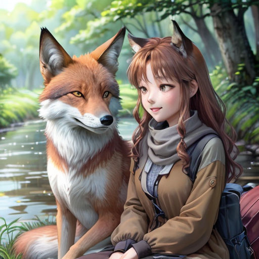 a woman sitting next to a fox in a forest next to a river with a forest background and trees