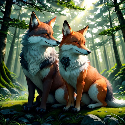 two foxes sitting in the woods with their tails crossed and eyes closed, facing each other, with the sun shining through the trees behind them