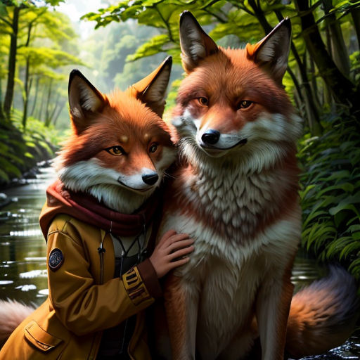 a painting of two foxes in a forest with a man in a yellow jacket and a woman in a brown coat