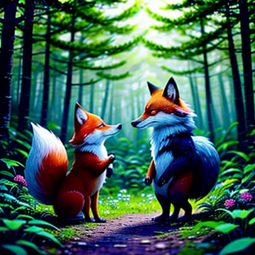 two foxes standing in the middle of a forest with trees and flowers on the ground, facing each other