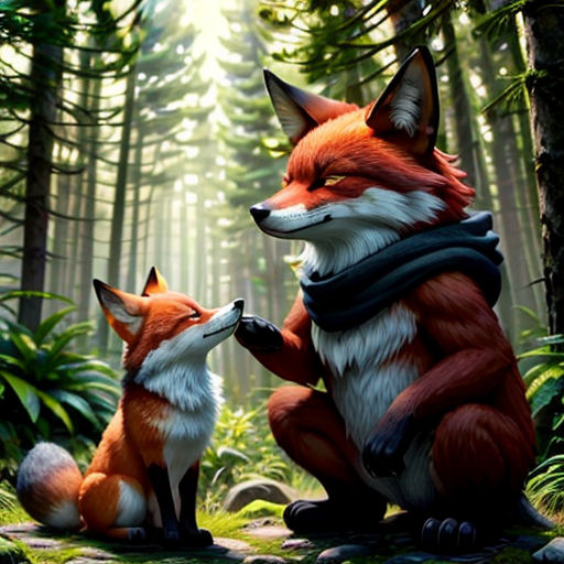 a fox and a fox cub in the woods with a light shining through the trees behind them, with a forest background