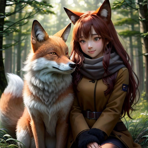 a woman sitting next to a fox in a forest with trees and grass behind her, with a fox on her lap