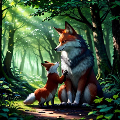a couple of foxes sitting on top of a forest floor next to each other in front of a forest