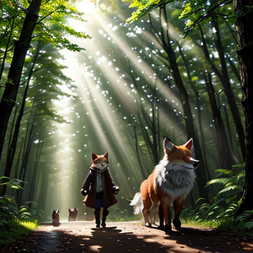 two foxes are walking down a path in the woods with sunlight streaming through the trees and the ground, with a person walking behind them