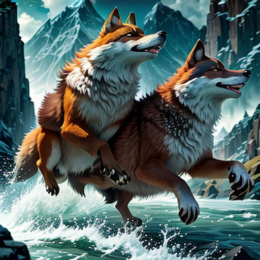 two foxes are running through the water together in the mountains and rocks, with a full moon in the sky