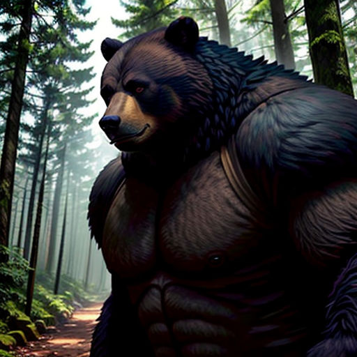 a large bear standing in the middle of a forest with trees and bushes on both sides of it's body