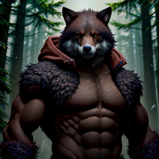 a man with a wolf costume in the woods with trees in the background and a wolf on his chest
