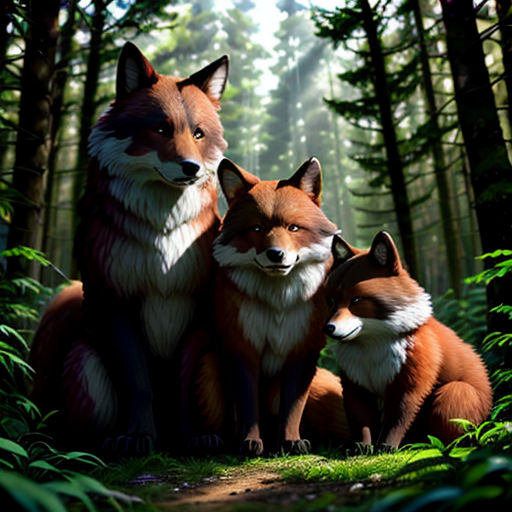 a painting of two foxes in the woods with trees in the background and a path leading to them, with a forest scene in the background