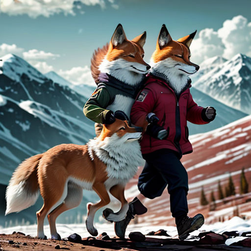 a man carrying two foxes on his back in the snow with mountains in the background and a sky with clouds