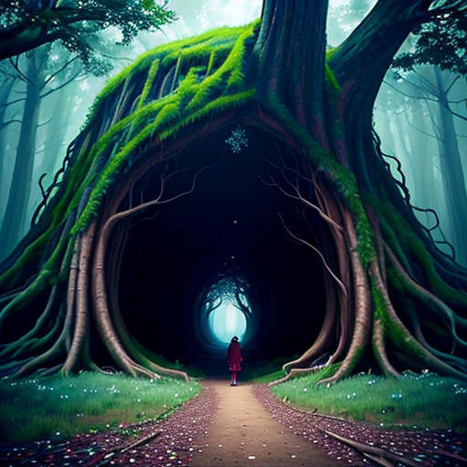 a person standing in a forest with a light at the end of the tunnel in the middle of the forest