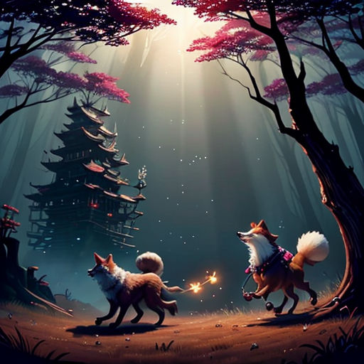 two foxes are playing with a fire in the forest at night with a bright light coming from behind them