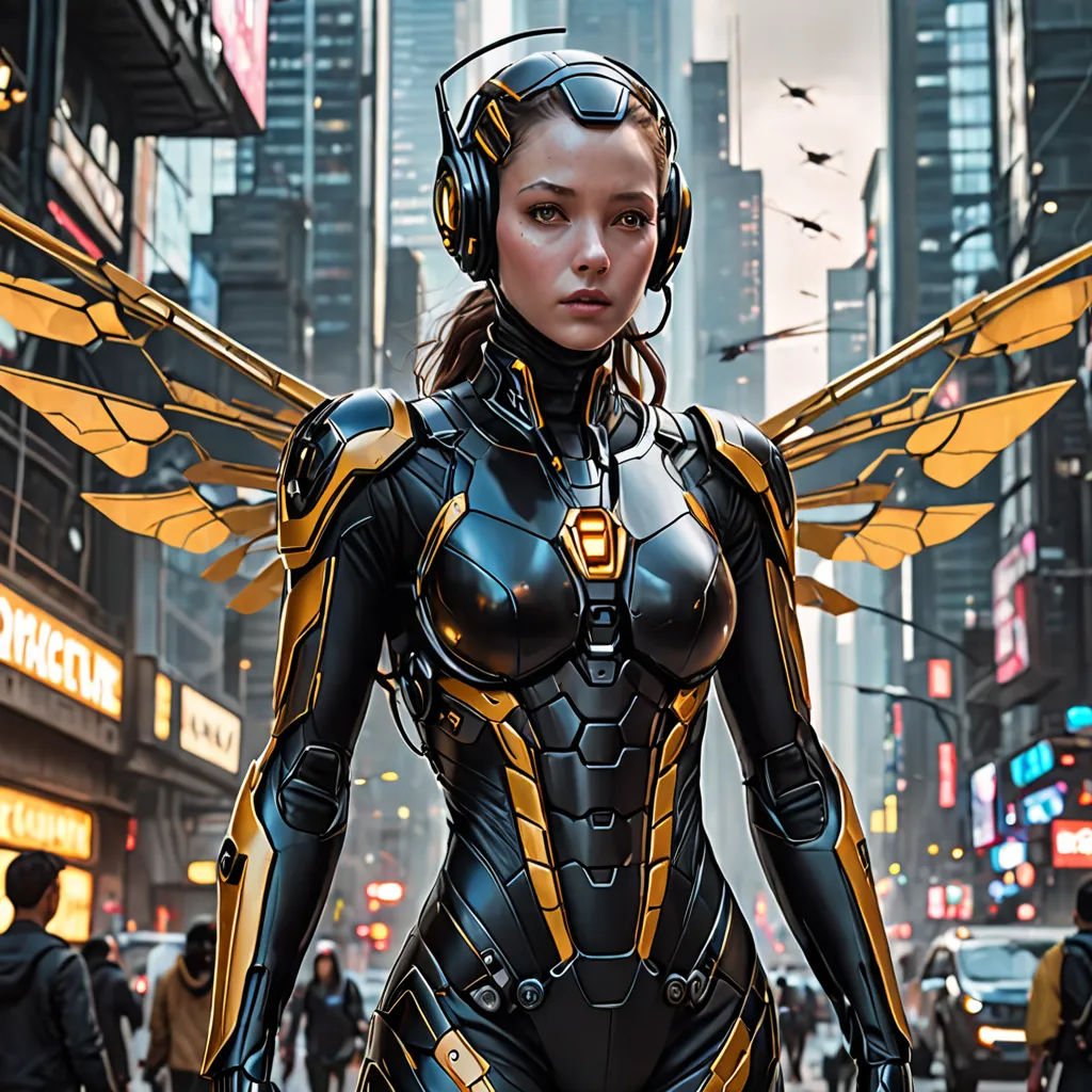 a woman in a futuristic suit with headphones on a city street with a bird in her hand and a cityscape in the background, panfuturism, cyberpunk art, Clint Cearley, trending on artstation hq