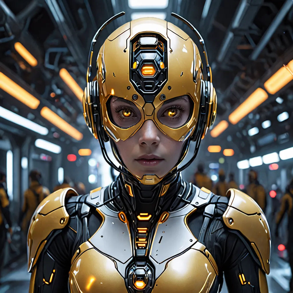a woman in a sci - fi fi outfit standing in a room with people in the background and a robot suit on, retrofuturism, computer graphics, Eve Ryder, cgstudio