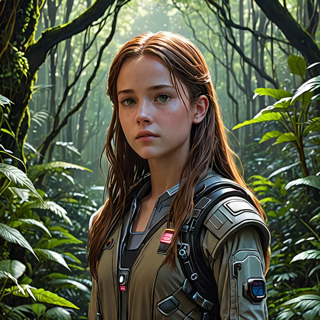 a woman in a forest with a backpack on her back and a forest background with trees and ferns behind her, photorealism, a character portrait, Eve Ryder, ultra realistic digital art