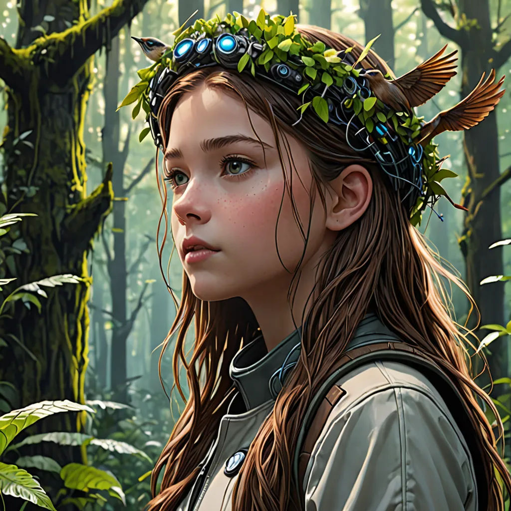 a woman with a bird headband in a forest with ferns and ferns on her head and a bird on her head, fantasy art, a digital painting, Clint Cearley, trending on art station