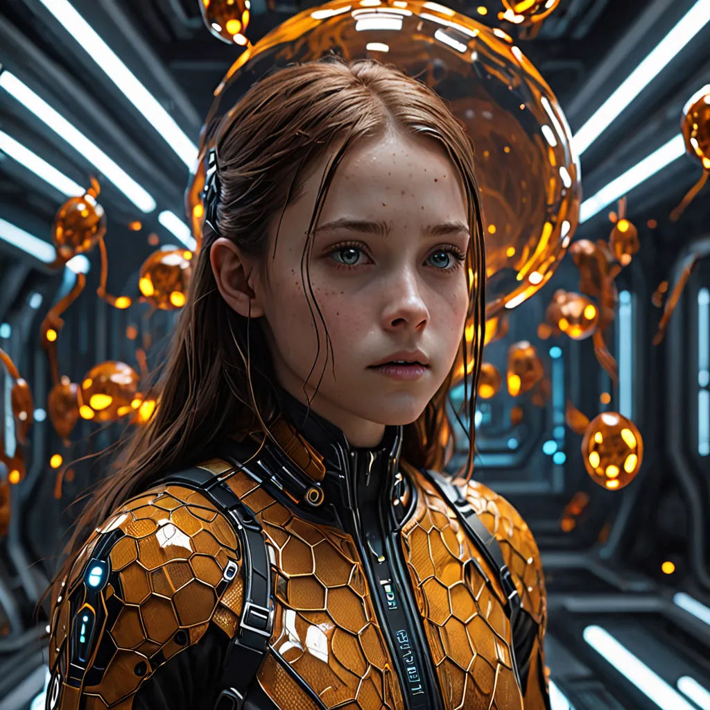 a woman in a futuristic suit standing in front of a mirror with lights on it and a halo around her head, space art, cyberpunk art, Daniel Lieske, cgstudio