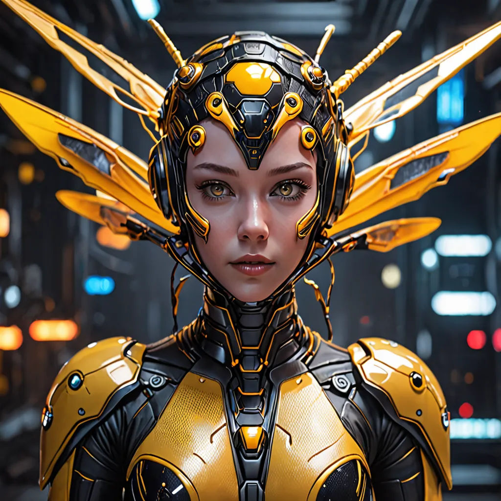 a woman in a sci - fi fi fi suit with yellow wings and a helmet on her head, in a sci - fi fi fi fi fi fi fi fi fi fi setting, computer art, cyberpunk art, Android Jones, trending on artstation hq