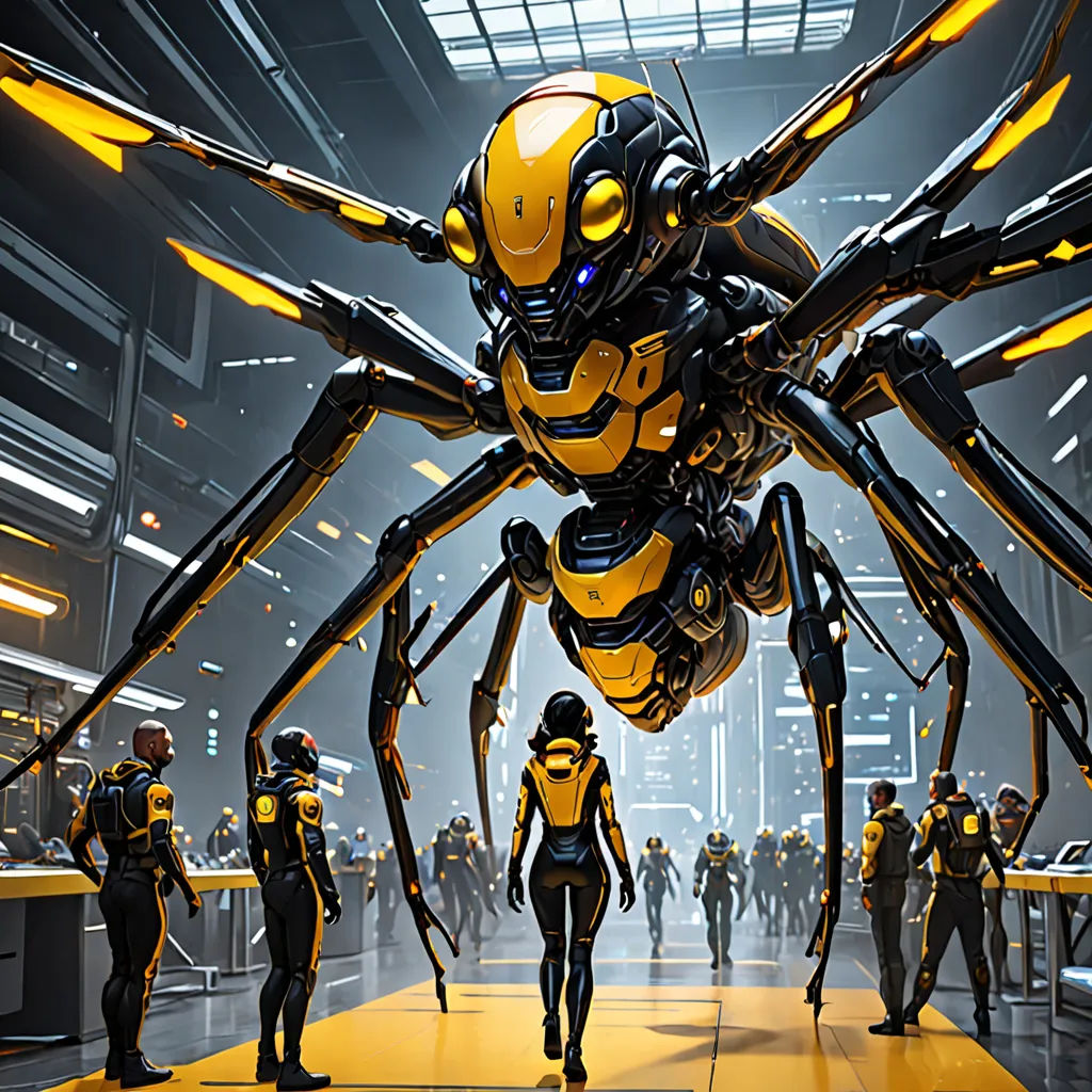 a group of people standing around a giant spider in a building with a giant spider on it's back, computer art, cyberpunk art, Cedric Peyravernay, cgstudio
