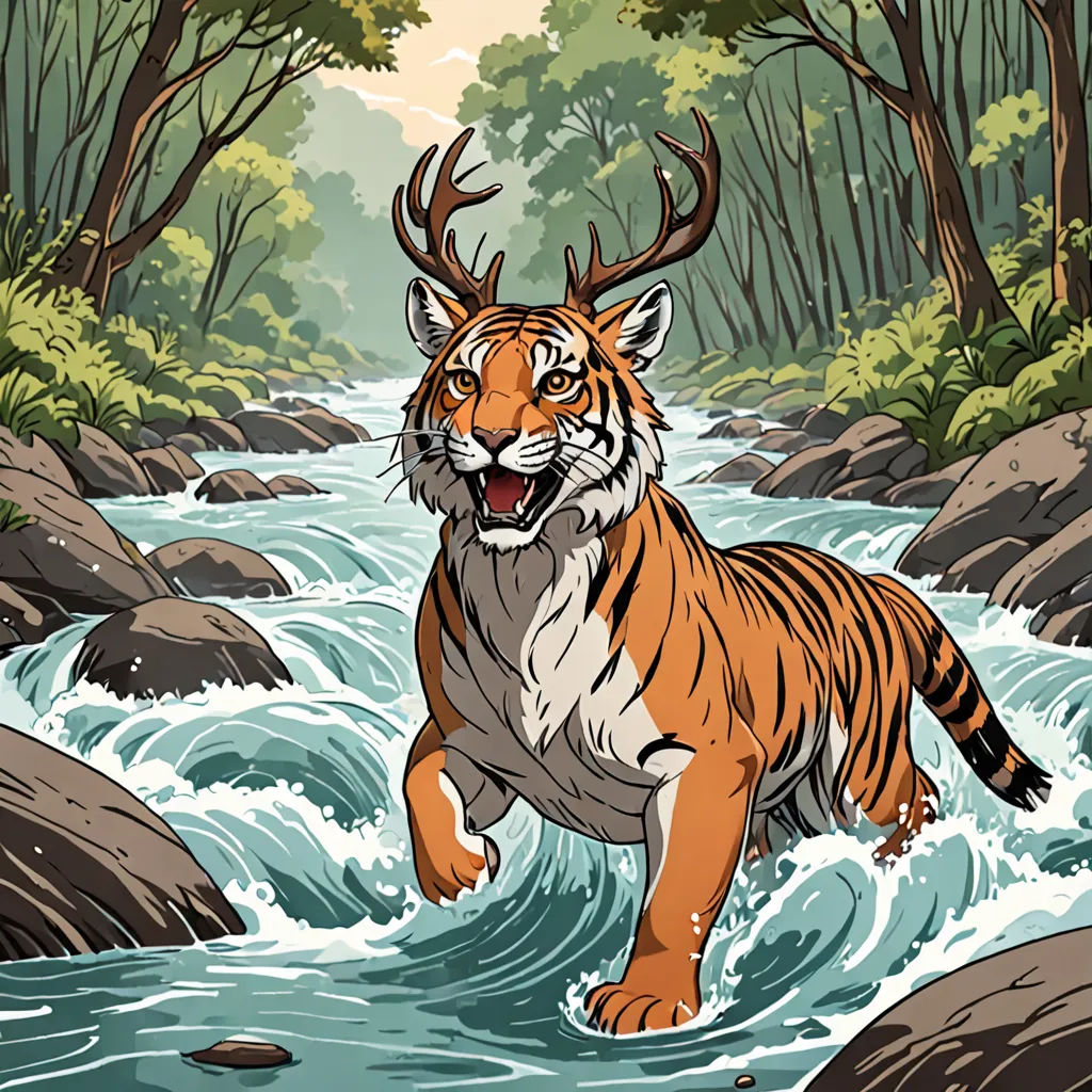 a tiger is running through a river with rocks and trees in the background and a riverbank with rocks and trees, furry art, a storybook illustration, Dan Mumford, promotional image