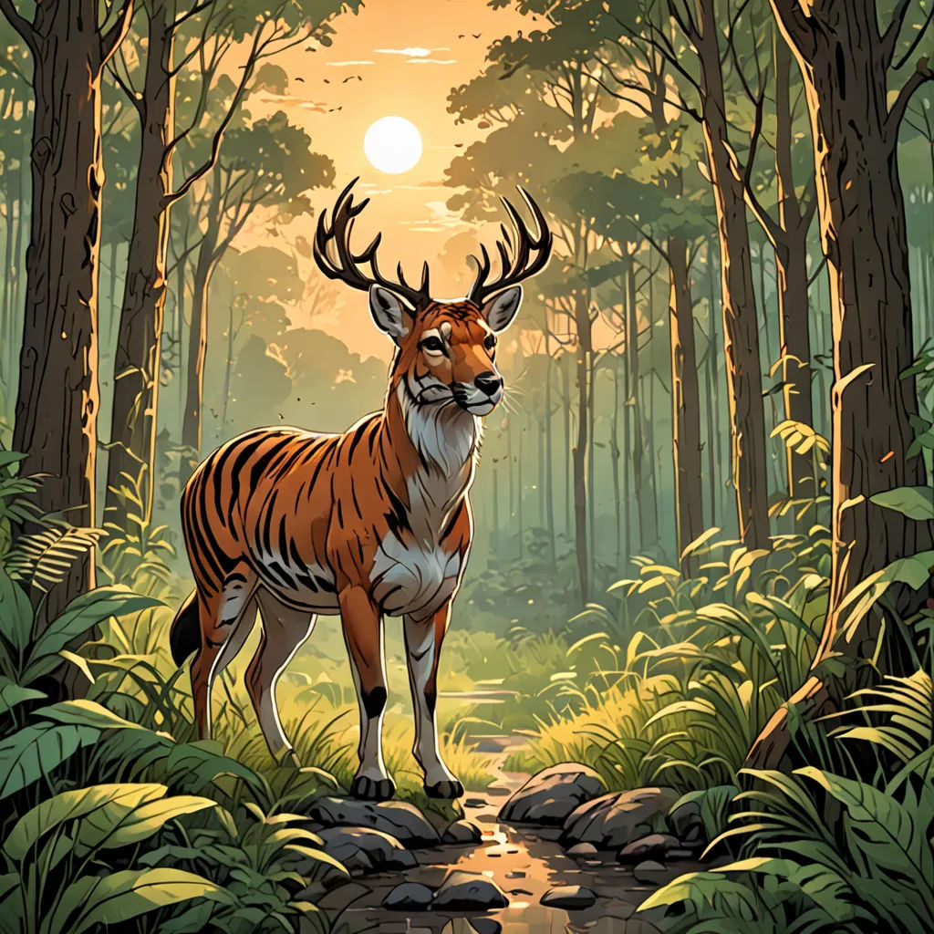a deer standing in the middle of a forest with a sun in the background and trees and rocks on the ground, environmental art, a storybook illustration, Dan Mumford, rossdraws global illumination