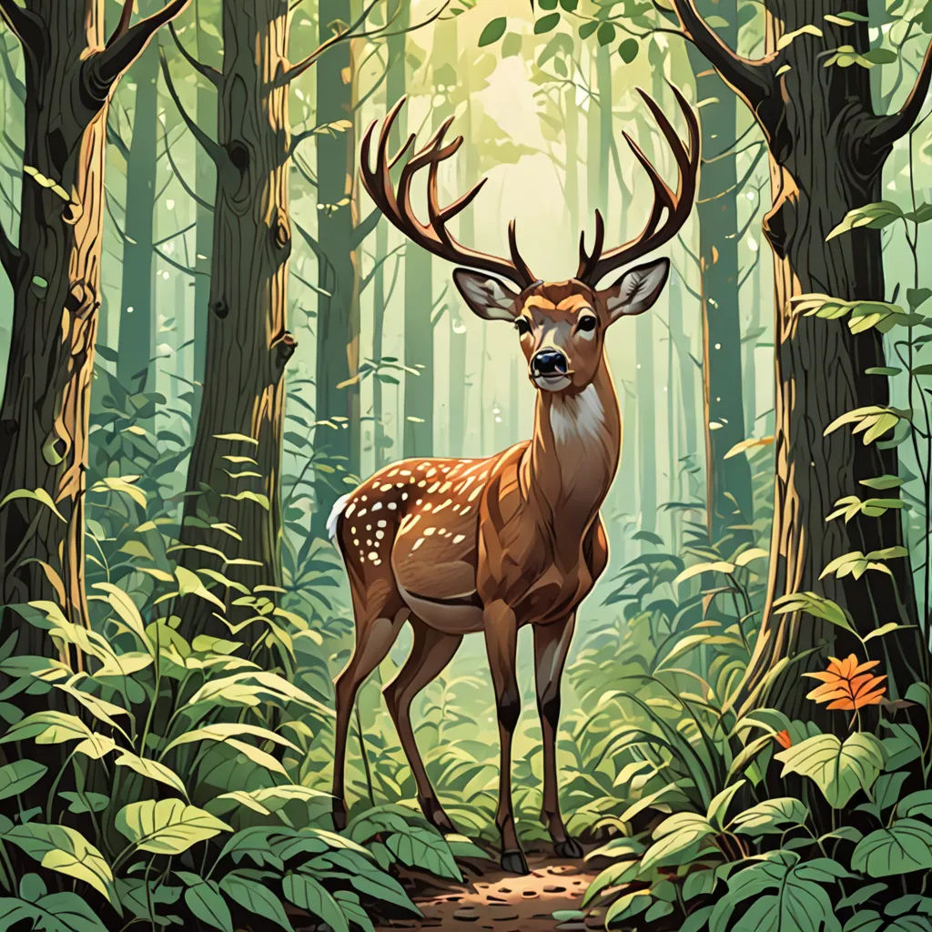 a deer standing in the middle of a forest with tall trees and leaves on the ground and a sun shining through the trees, environmental art, a storybook illustration, Dan Mumford, josan gonzales and dan mumford