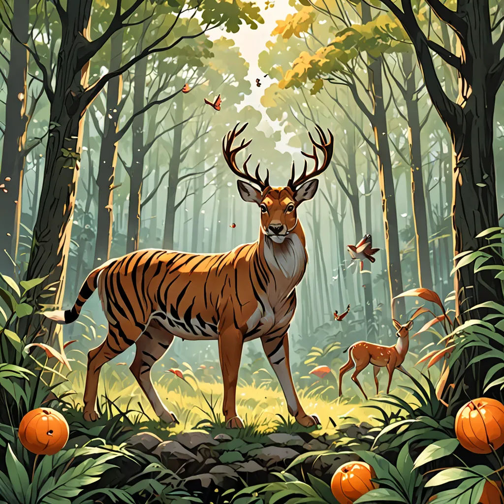a painting of a deer in a forest with pumpkins and butterflies around it, with a deer in the foreground, environmental art, a storybook illustration, Chris LaBrooy, rossdraws global illumination