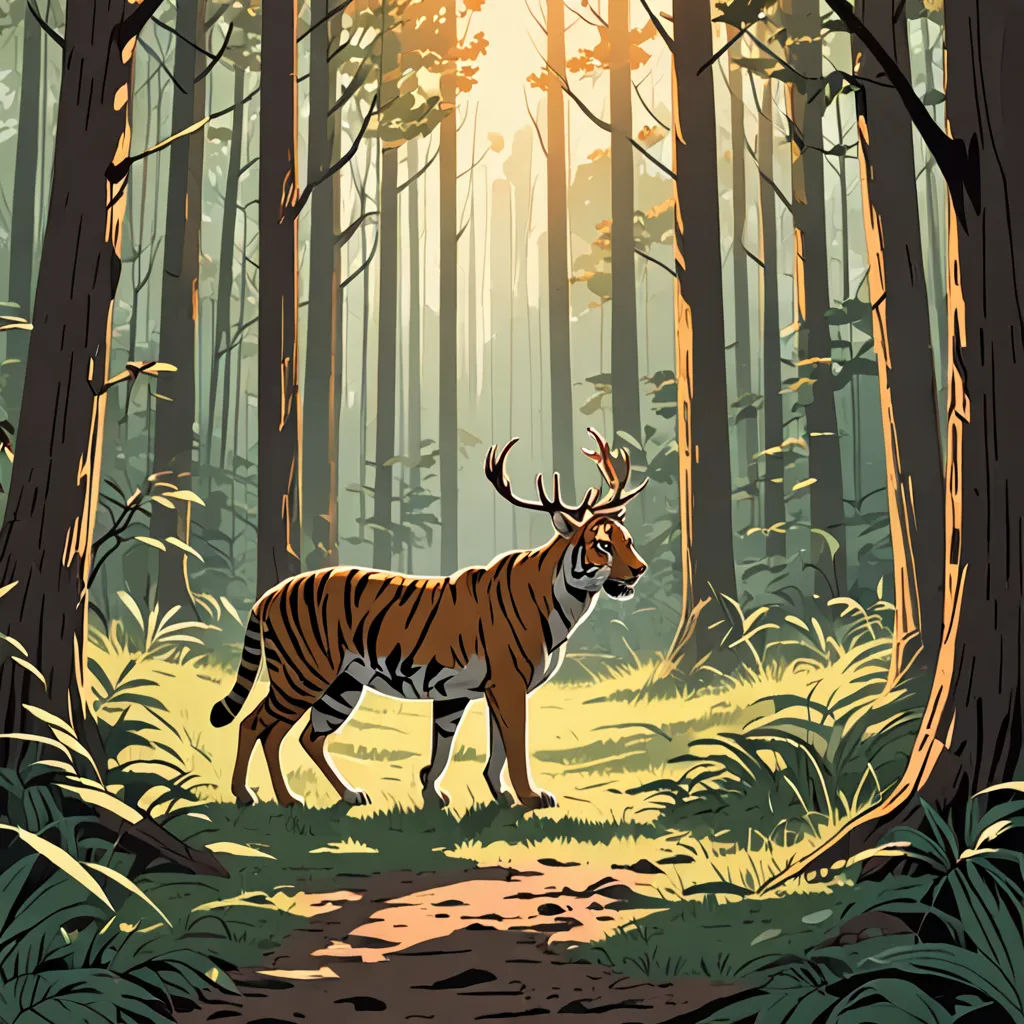 a tiger walking through a forest with tall trees and grass on the ground, with the sun shining through the trees, bengal school of art, a storybook illustration, Brom, rossdraws global illumination