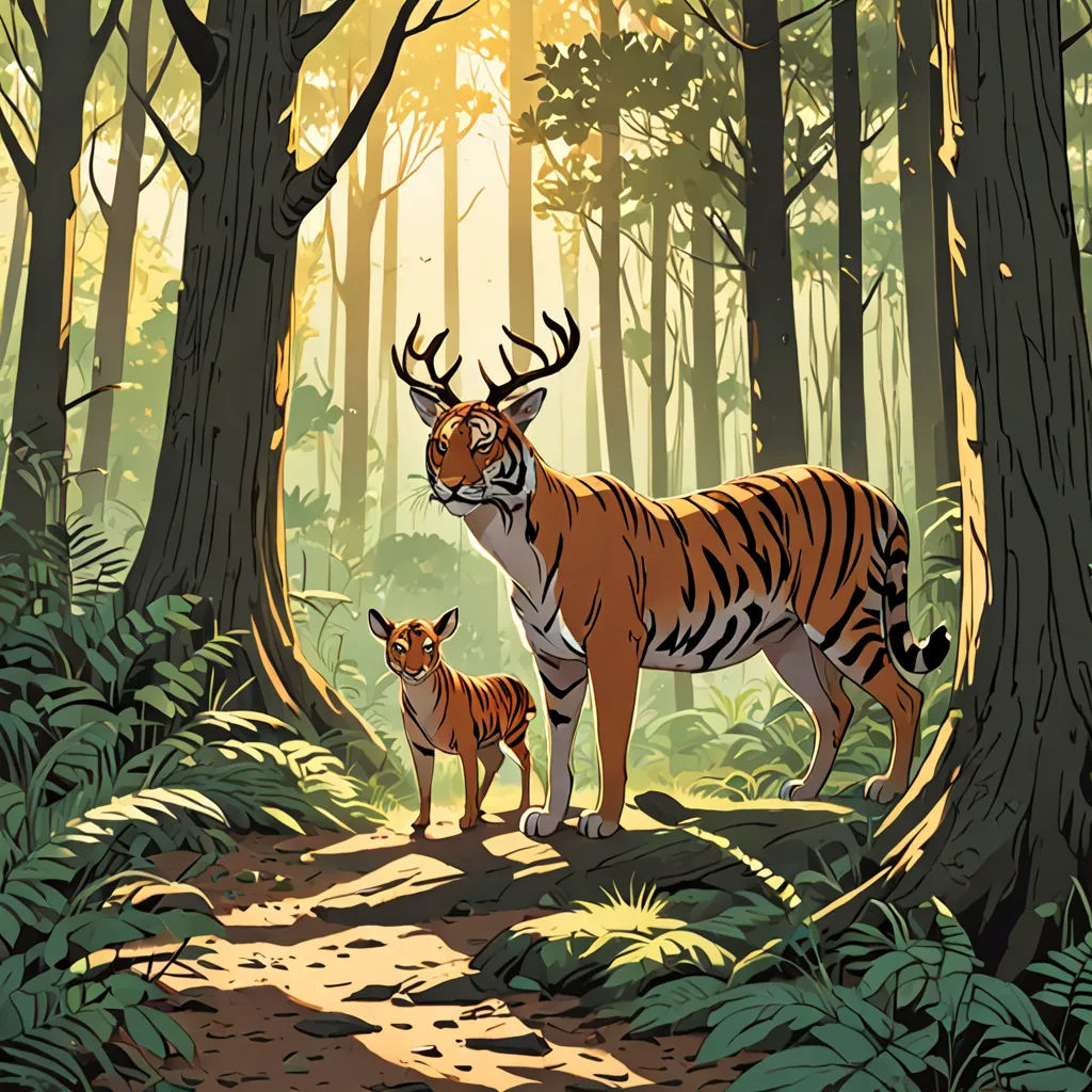 a tiger and a deer standing in a forest with trees and plants around them, with sunlight shining through the trees, bengal school of art, a storybook illustration, Dan Mumford, laurie greasley