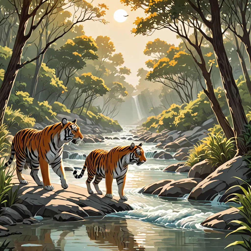 two tigers walking across a river in a forest with rocks and trees, with a sun shining down on the trees, fantasy art, a storybook illustration, Brothers Hildebrandt, jungle