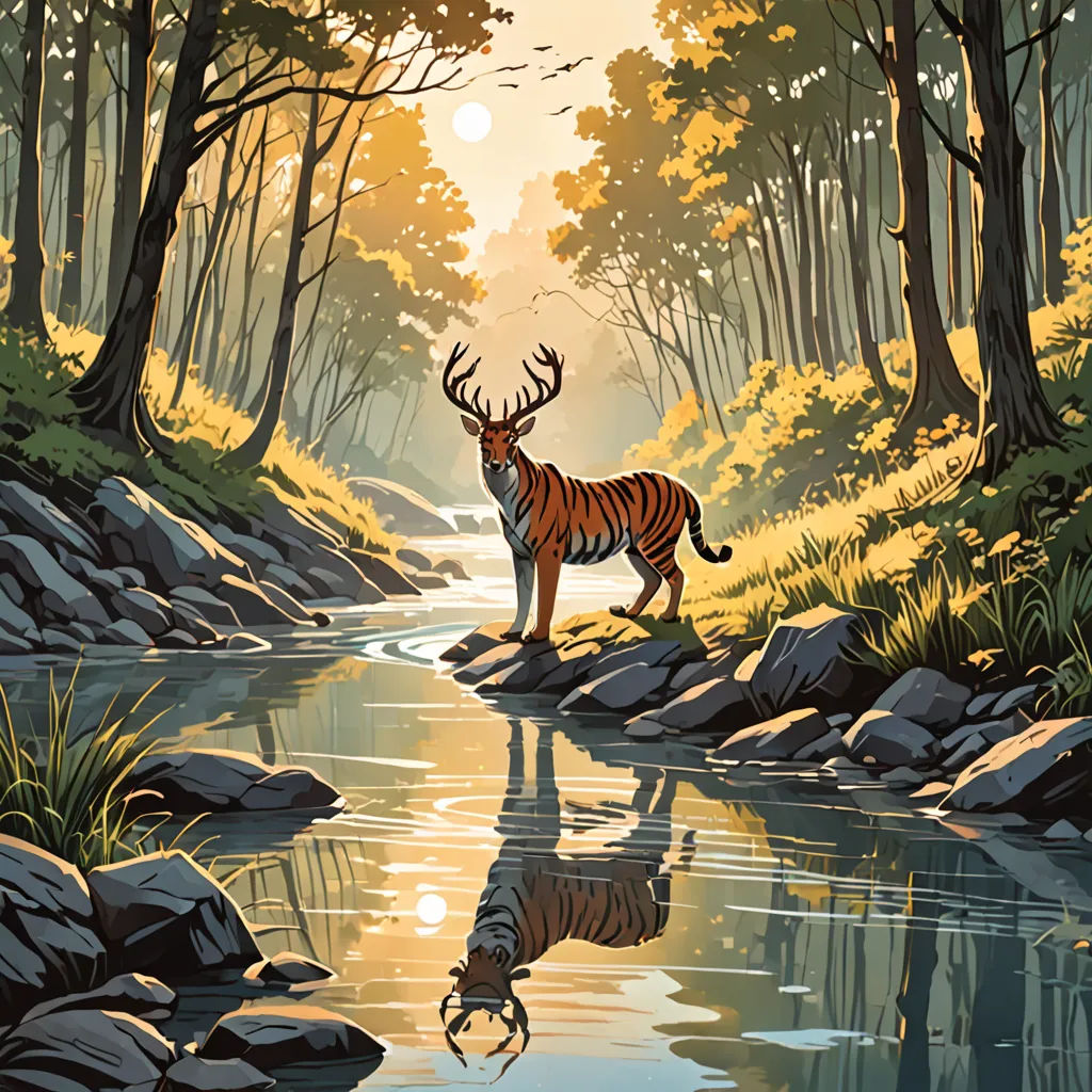 a painting of a deer standing in a forest next to a river with a sun setting in the background, environmental art, a storybook illustration, Dan Mumford, josan gonzales and dan mumford