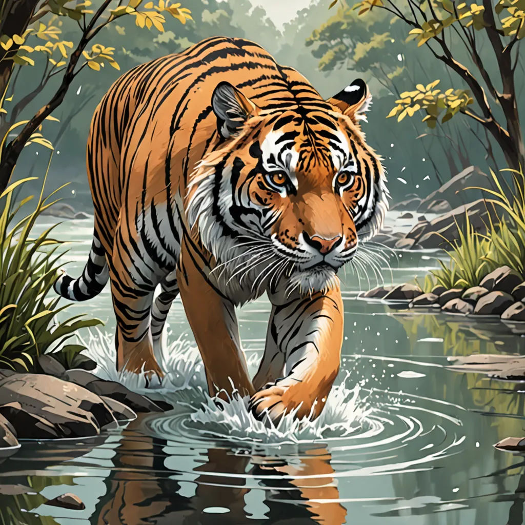 a tiger walking through a river surrounded by trees and rocks, with a reflection of its face in the water, furry art, a comic book panel, Dan Mumford, highly detailed digital painting