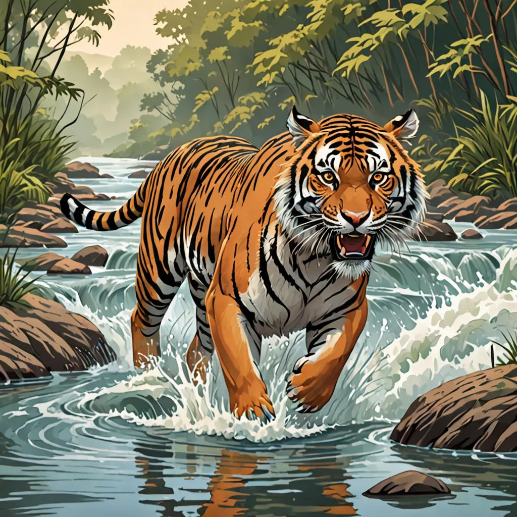 a tiger is walking through a river with rocks and trees in the background and a stream running through it, sumatraism, an illustration of, Dan Mumford, highly detailed digital painting