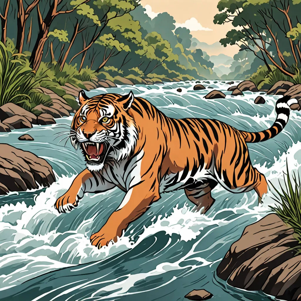 a tiger is running through a river with rocks and trees in the background and a stream running through it, bengal school of art, an illustration of, Dan Mumford, high detail illustration