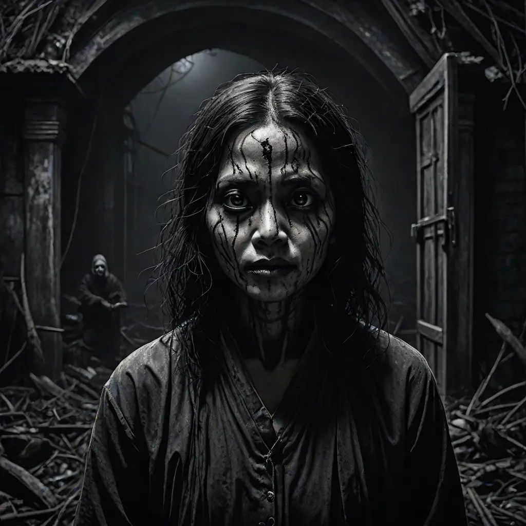 a woman with makeup on her face and a creepy look on her face, standing in a dark room, promotional image, gothic art, a detailed matte painting, Dirk Crabeth