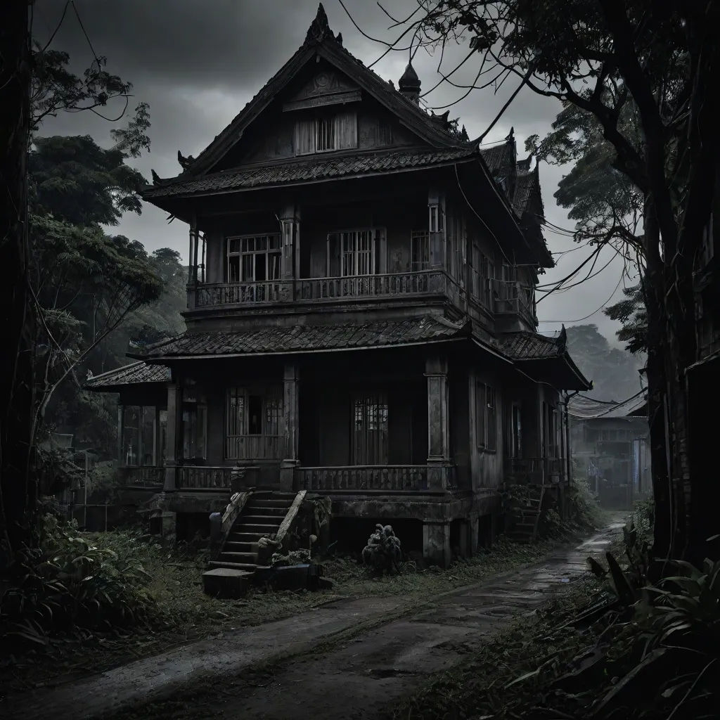 a creepy house with a dark sky in the background and a dark path leading to it and a dark path leading to the house, dark atmosphere, gothic art, a detailed matte painting, Eishōsai Chōki
