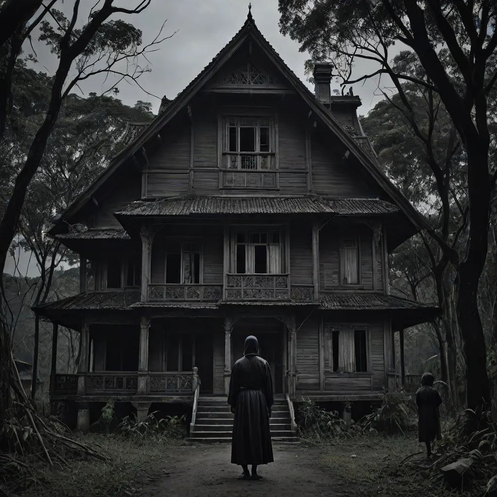 a person standing in front of a house in the woods with a creepy look on their face and a creepy looking house in the background, dark art, gothic art, a detailed matte painting, Dirk Crabeth