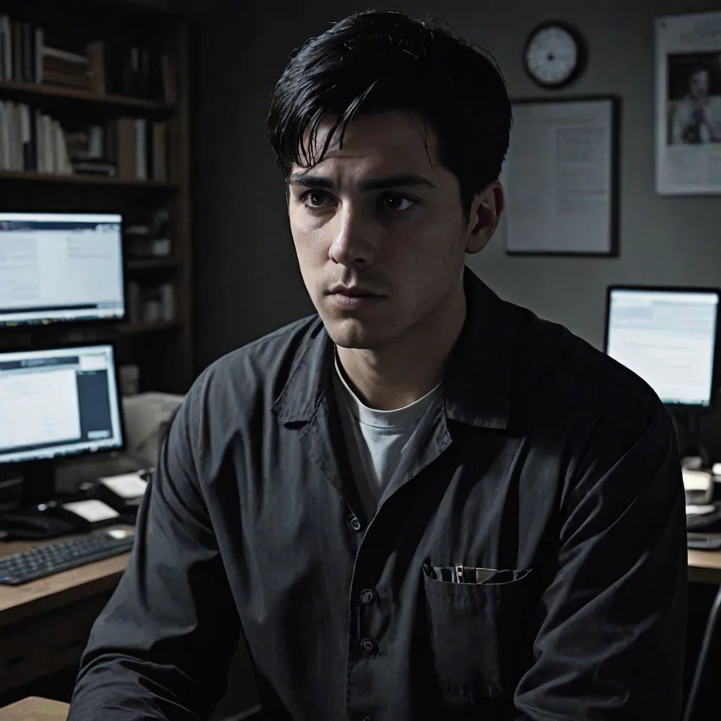 a man sitting at a desk with two monitors and a keyboard in front of him and a clock on the wall, promotional image, tachisme, a screenshot, david rubín