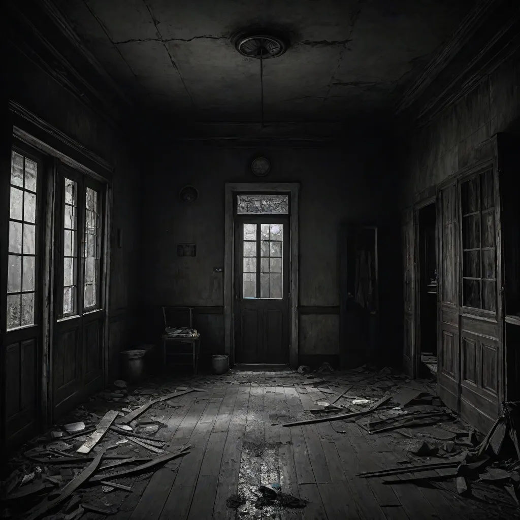 a dark room with a door and a window in it and debris everywhere on the floor and the floor, cryengine, neoplasticism, a detailed matte painting, Dirk Crabeth