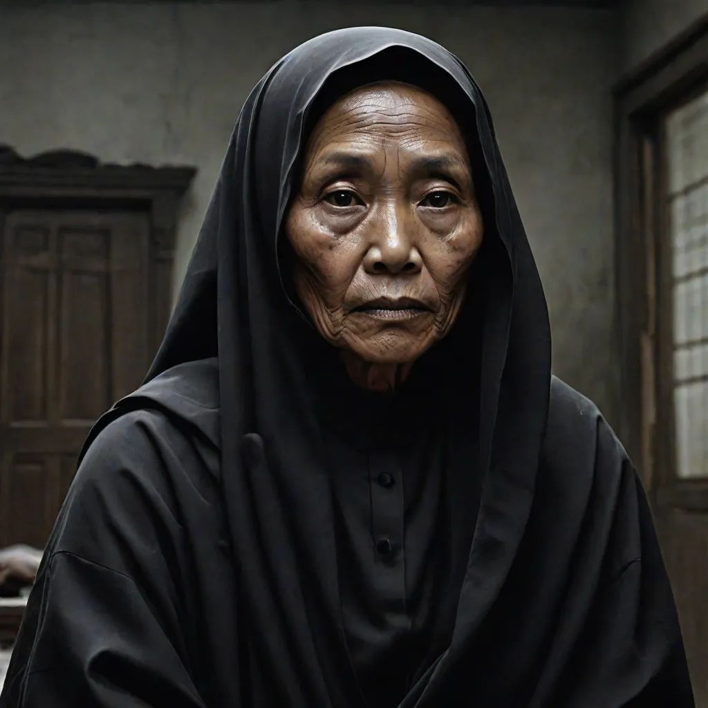a woman in a black robe and a black hat is standing in a room with a door and windows, promotional image, sumatraism, a character portrait, Araceli Gilbert