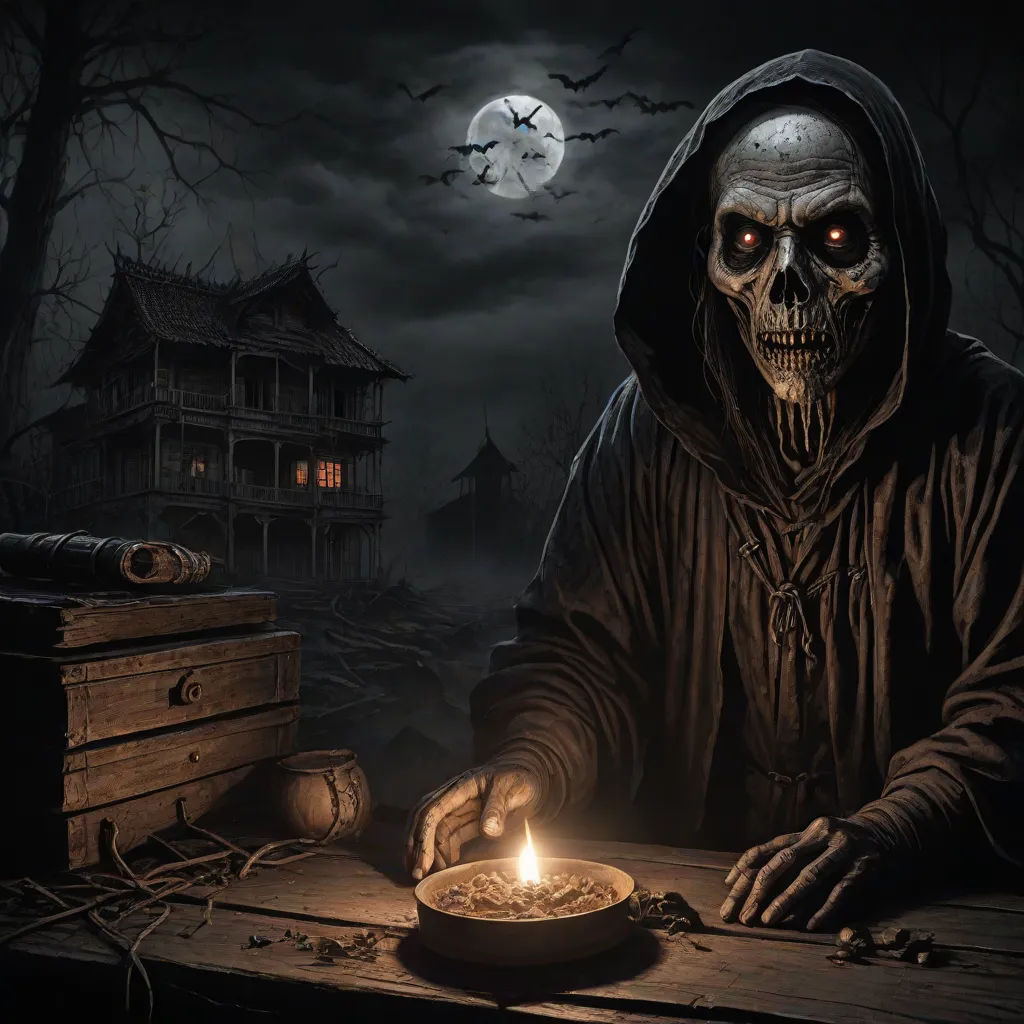 a skeleton in a hooded jacket lighting a candle in a bowl on a table in front of a house, dark art, gothic art, a detailed matte painting, Dirk Crabeth