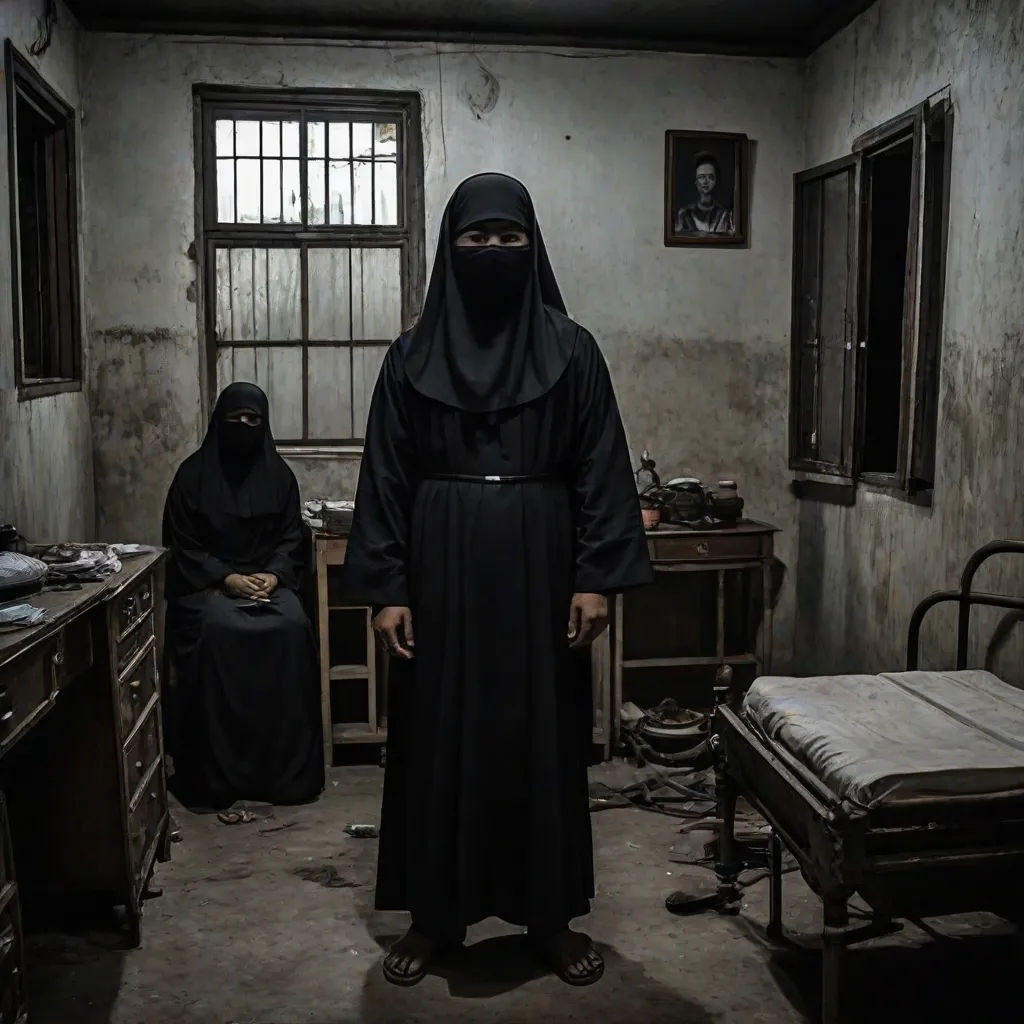 a nun standing in a room with two other women sitting down and a bed in the corner of the room, vfx, sumatraism, a character portrait, Basuki Abdullah